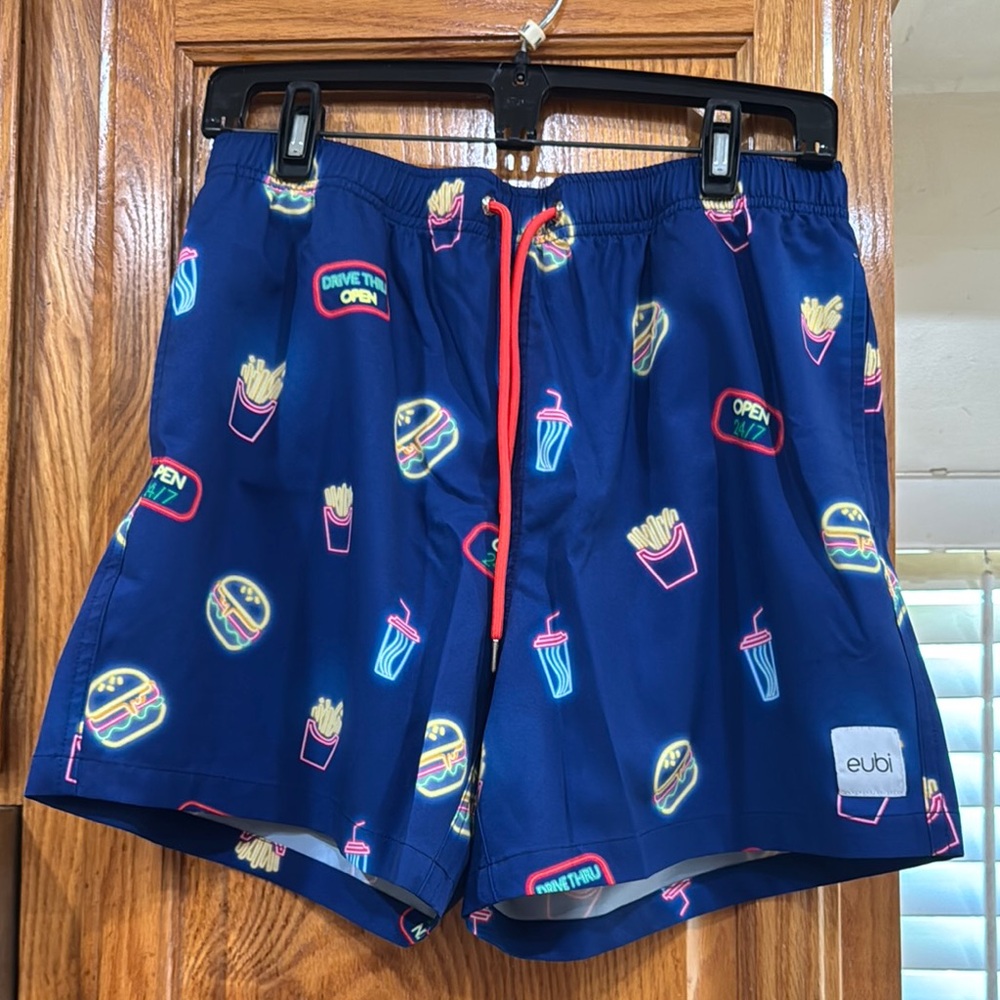 MEN’s Blue Eubi 7” Swim Shorts with Fast Food Print size MEDIUM (30-32)